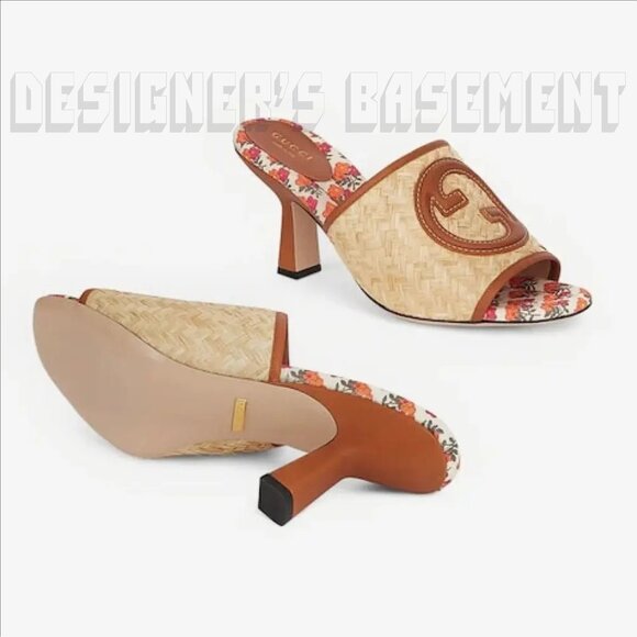 GUCCI Mabel Raffia 37.5EU-7.5US leather Interlocking GG Slide heel Sandals shoes - Picture 8 of 10